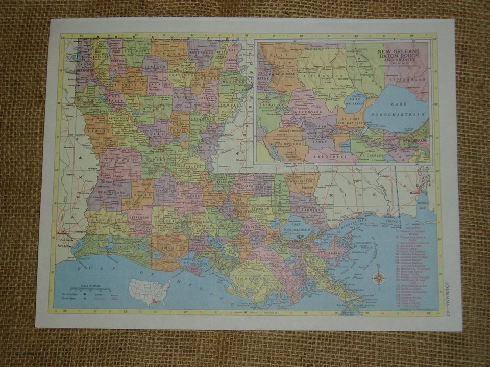 Vintage Railroad Map, Louisiana and Maine Rail Lines, 1950's